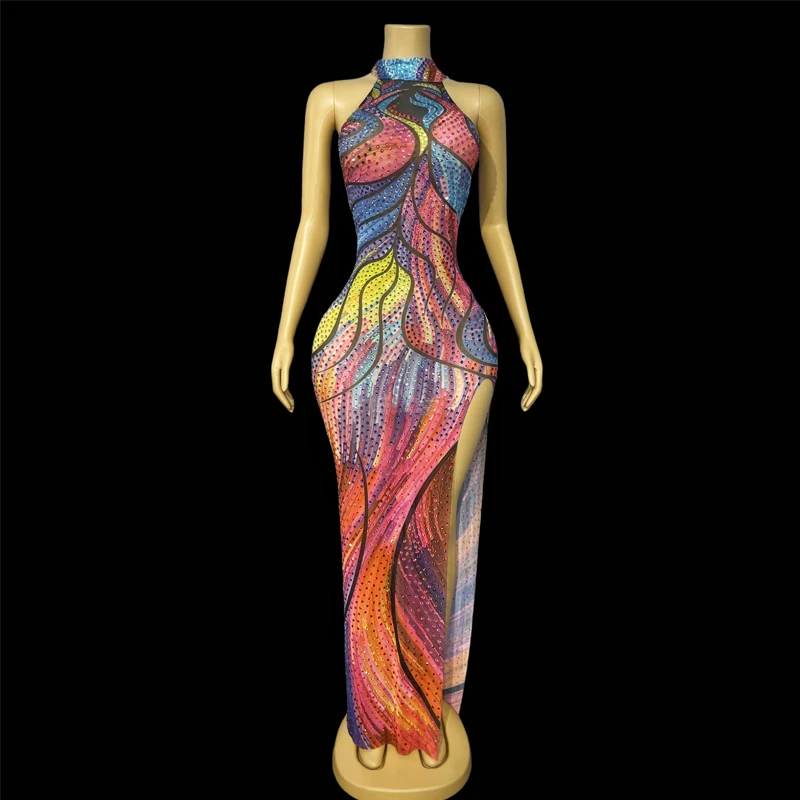 نساء حفلة احتفال ثوب ملون الراين مهرجان ملابس مرحلة أزياء مسرحية فساتين الحفلات المسائية XS10451
