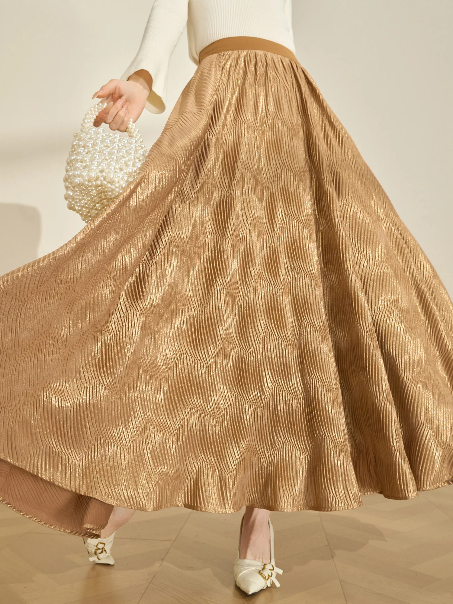 

Ele High Waist A-Line Skirt Women's Spring New Light Luxury Sensation iny Flowing Era Casual Polyester Skirt