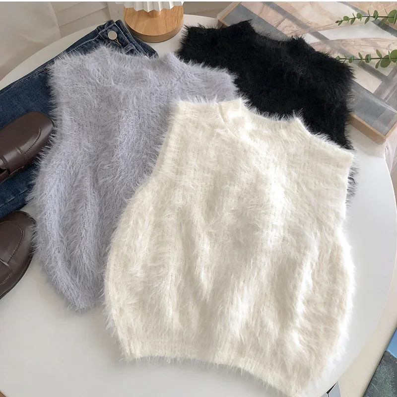 ITOOLIN  Autumn Women Faux Mink Sweater Vest Solid Sleeveless Tank Tops O-neck Winter Jumpers Women Elegant Tank Tops 2023