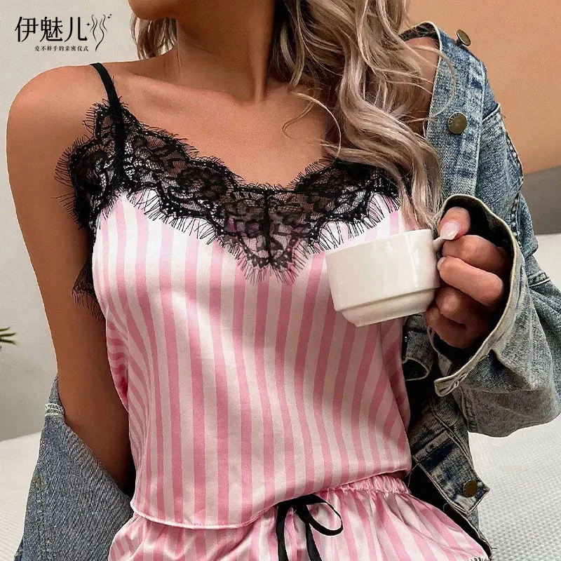 Two Piece Women\'s V-Neck Sexy Lace Suspender Pajama Shorts Set Casual Women\'s Sleeveless Sexy Pajama Set