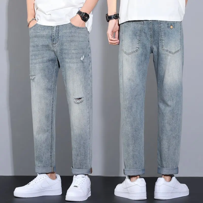 

Широкие джинсы, мужские мешковатые брюки, летние прямые свободные брюки в стиле ретро, синие джинсовые брюки с дырками, уличная модная винтажная мужская одежда с карманами