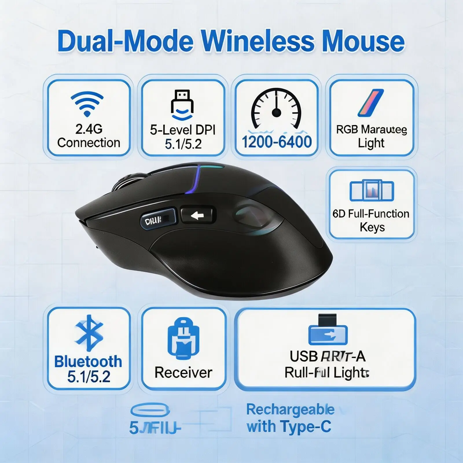 2.4G Bluetooth 5.1/5.2 Dual Mode Wireless RGB Gaming Mouse Rechargeable 6-Button Ergonomic Mice 5-Level DPI for Laptop Tablet PC