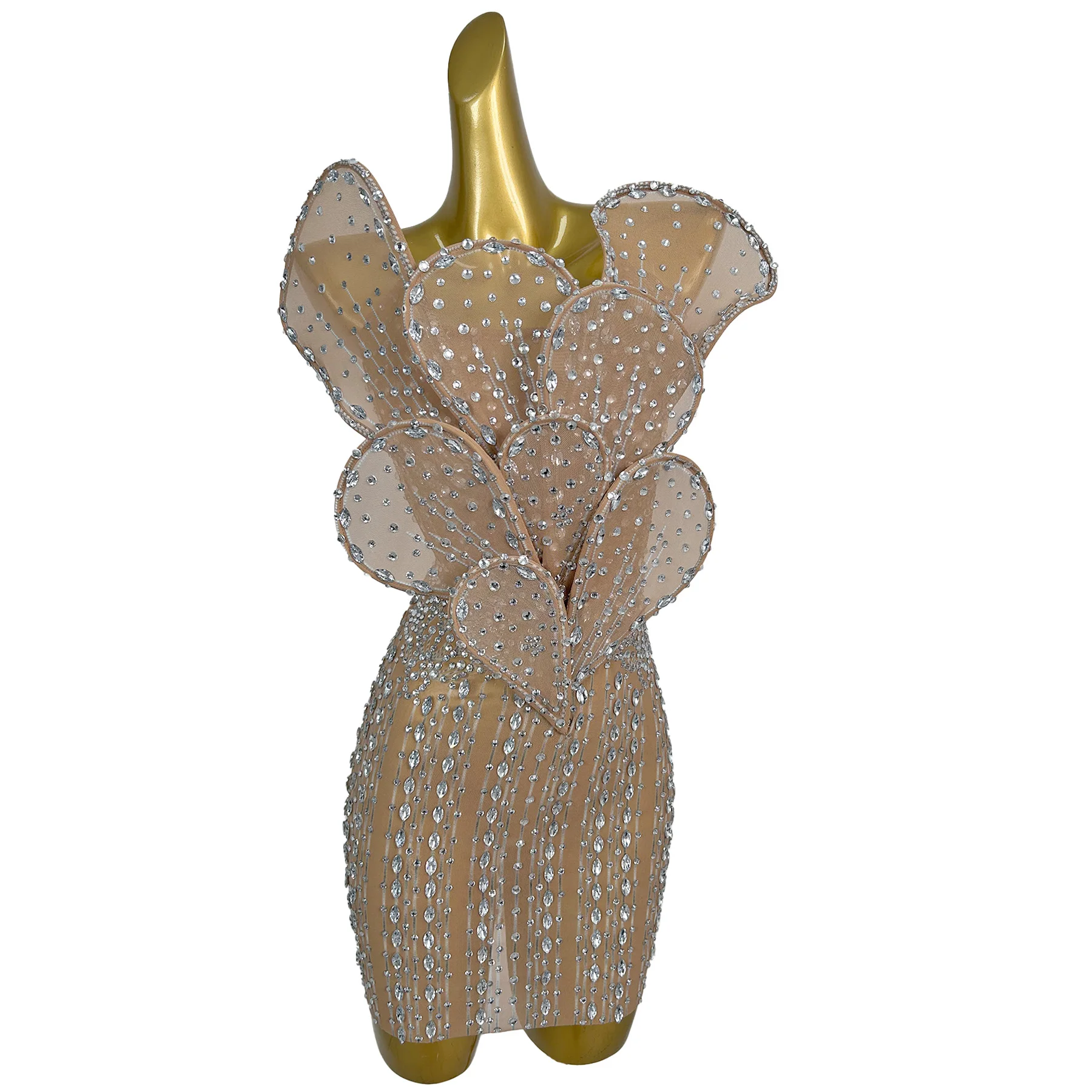 

Yehuaban Fashion Women Evening Dress 3D Petal Perspective Mesh Silver Rhinestone Suspender Dress Birthday New Year Prom Gowns