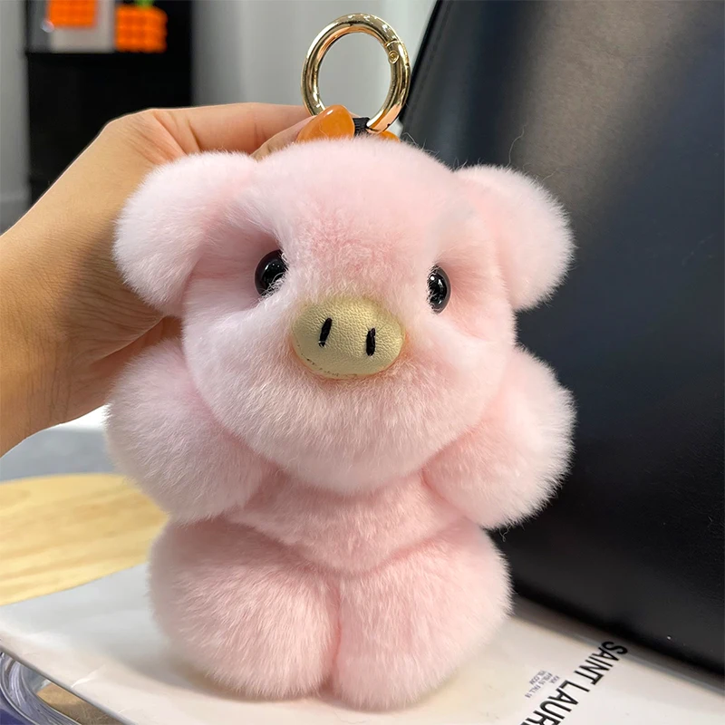 Piggy Fur Keychain For Bags Rex Rabbit Fur Piggy Keyring Plush Bag Charms Trinket Key Chain Rex Rabbit Fur Large Car Key Pendant