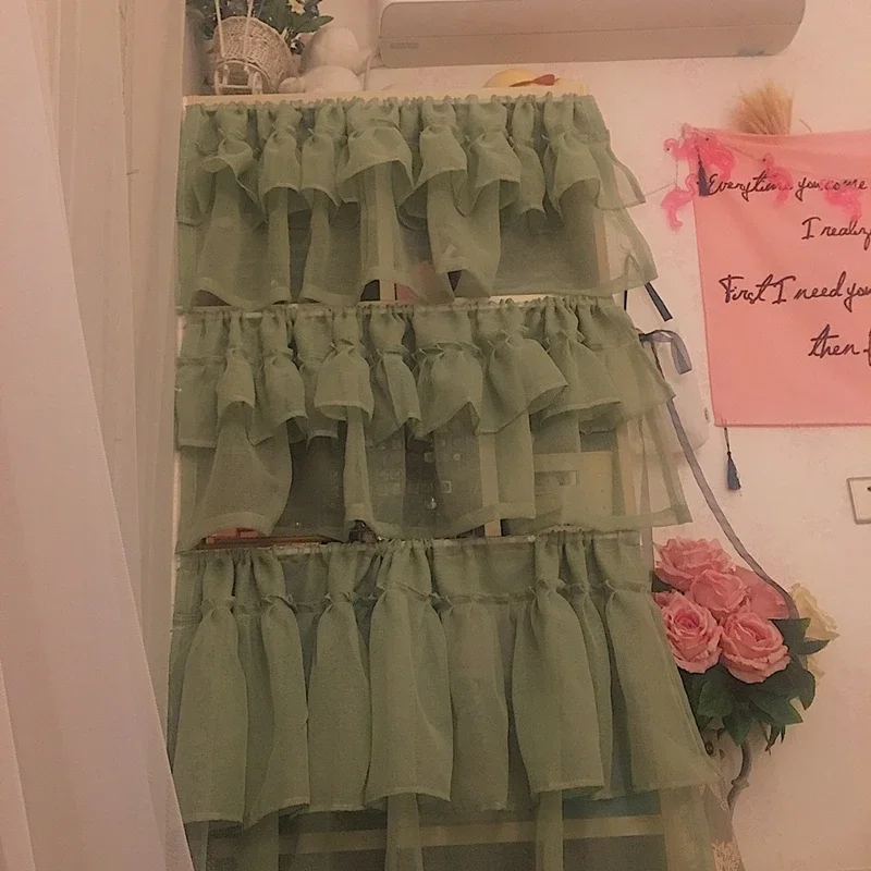 Korean Double Fold Colorful Half Curtain For Kitchen Sheer Voile Window Valance Cafe Short Curtain Cabinet Door Cheap QT034H