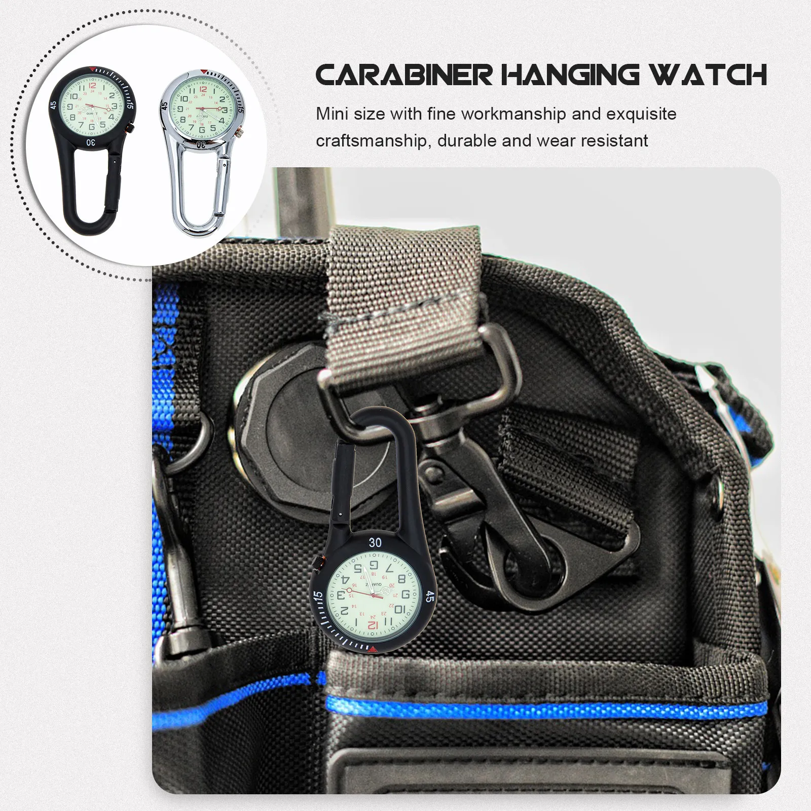 2Pcs Clip on Pocket Watch Carabiner Style Portable Outdoor Watch for Hiking Camping Backpacker Glow in