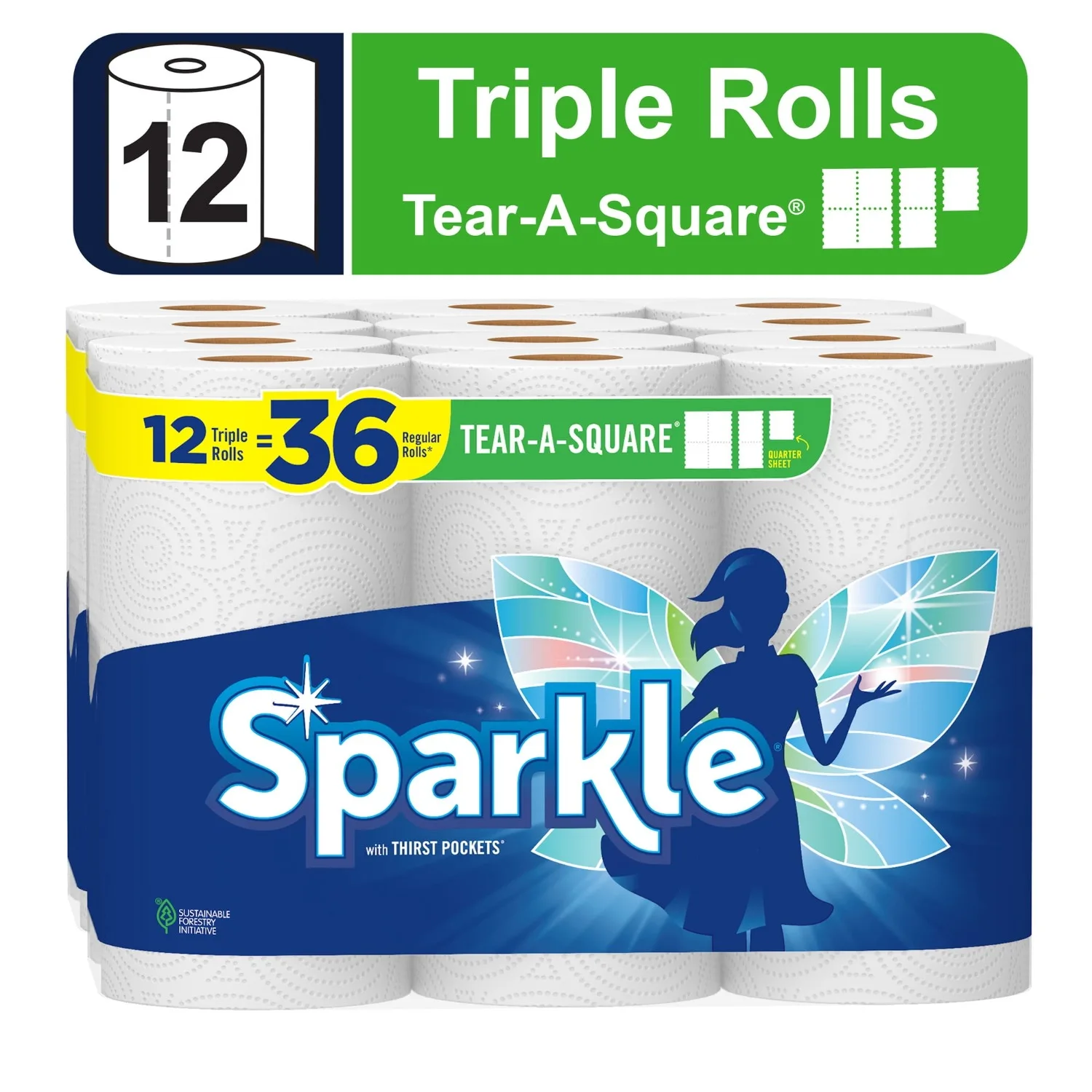 Sparkle Tear-a-Square Paper Towels, White, 12 Triple Rolls