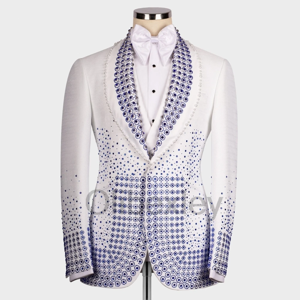 Olibexley Sparkly White Men Suits Shiny Diamond Beaded Wedding Groom Tuxedos Ropa Hmbre 2 Piece Sets Blazers Customized S127