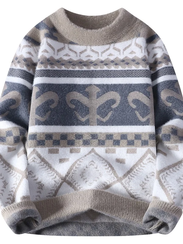 

2025 новый молодежный осенне-зимний трикотаж с высоким воротником из искусственного меха Base irt Faion, мужской свитер с цветочной вышивкой