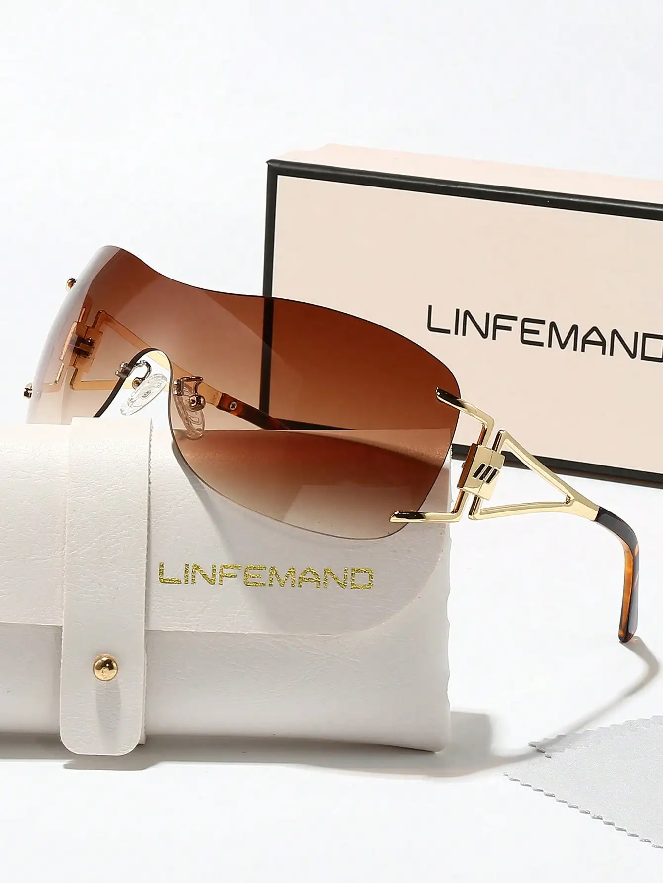 

Rimless Shield-Style Sunglasses with Gold-Tone Decorative Temples for Women