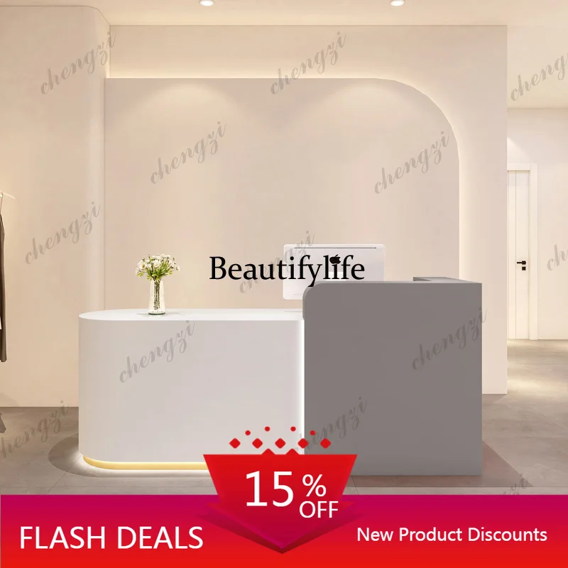 D80 Curved Led Lights Reception Desks Organizers Reception Desks Aesthetic Minimalist Mostrador De Tienda Commercial Furniture