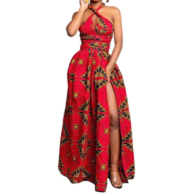 

Women Sexy Boho African Long Maxi Dress V-Neck Multi-Way Pleated Floral Print Dresses