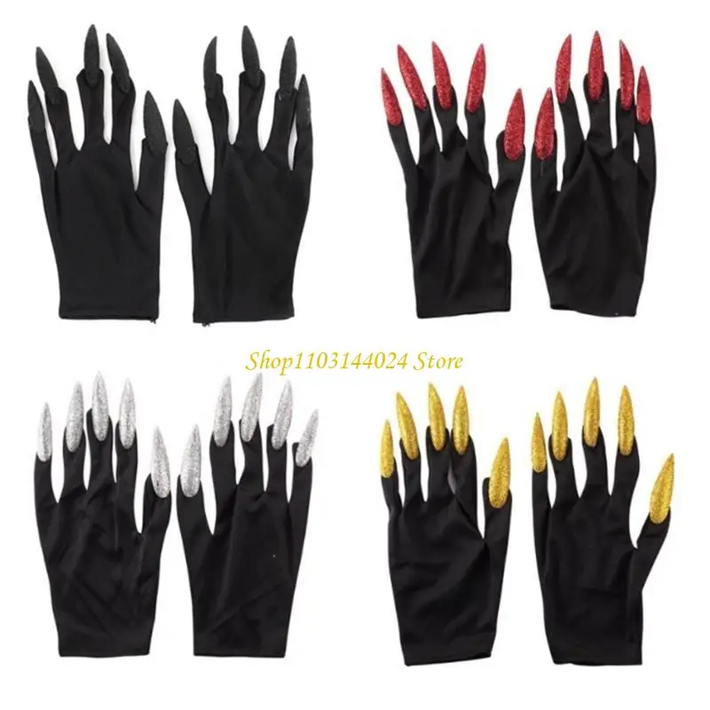 Luvas garra lobo horrível para crianças, halloween, palhaço, festas temáticas, unhas escuras, luvas com glitter