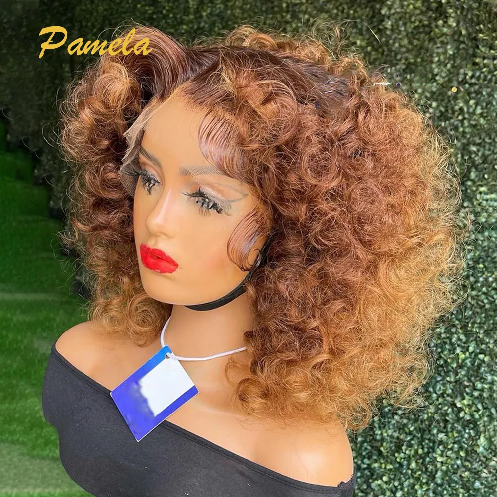 Super Double Drawn Honey Blonde Short Curly Bob Wig Highlight 13x4 Transparent Lace Frontal Human Hair Glueless Wigs Ready To Go