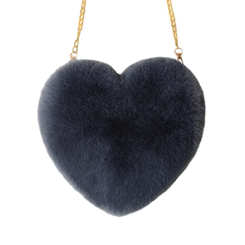 Bolso bandolera con forma de corazón, de felpa, imitación de piel de conejo, con cadena gruesa, bolso cruzado de hombro, estilo versátil para niñas