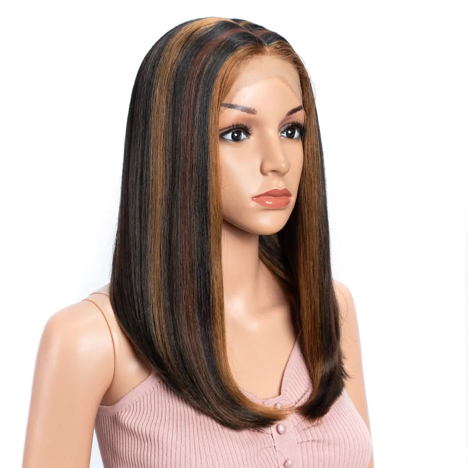 Perruque Lace Front Synthétique Droite pour Femme, Cheveux de Bébé, Bob Marron, Perruques Cosplay, 14 po