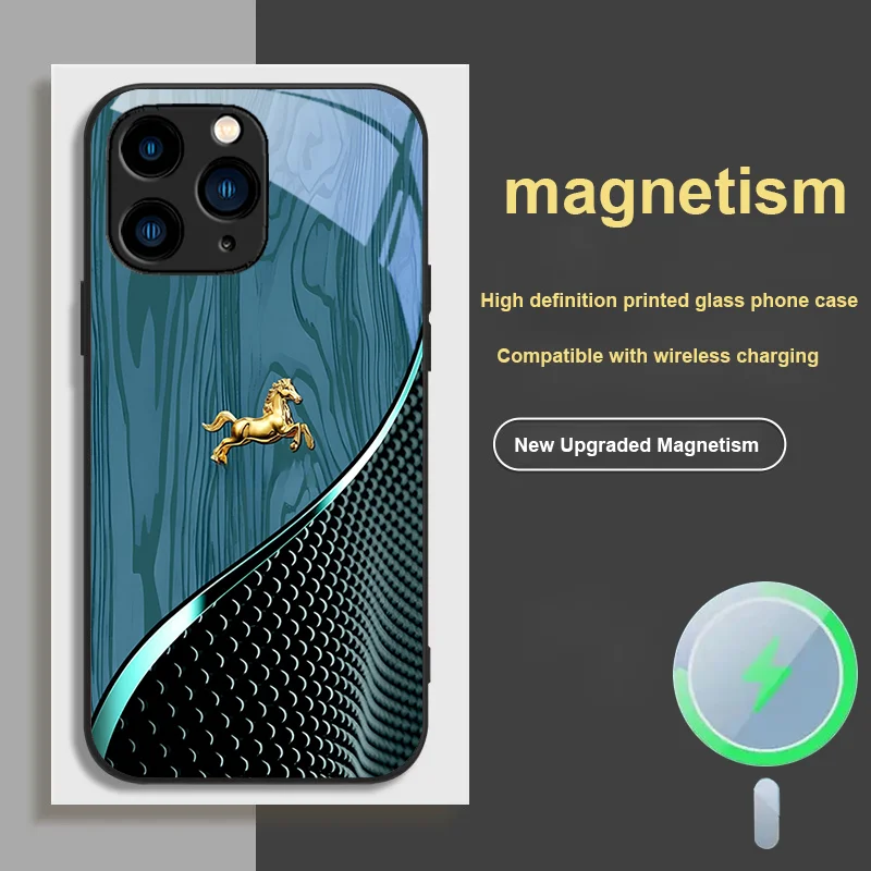 

For iPhone 8 Plus 16 e 11 X XR 14 Pro 13 Mini 15 12 XS MAX Magnetic Glass Phone Case Light Luxury 3D Golden Horse Pattern