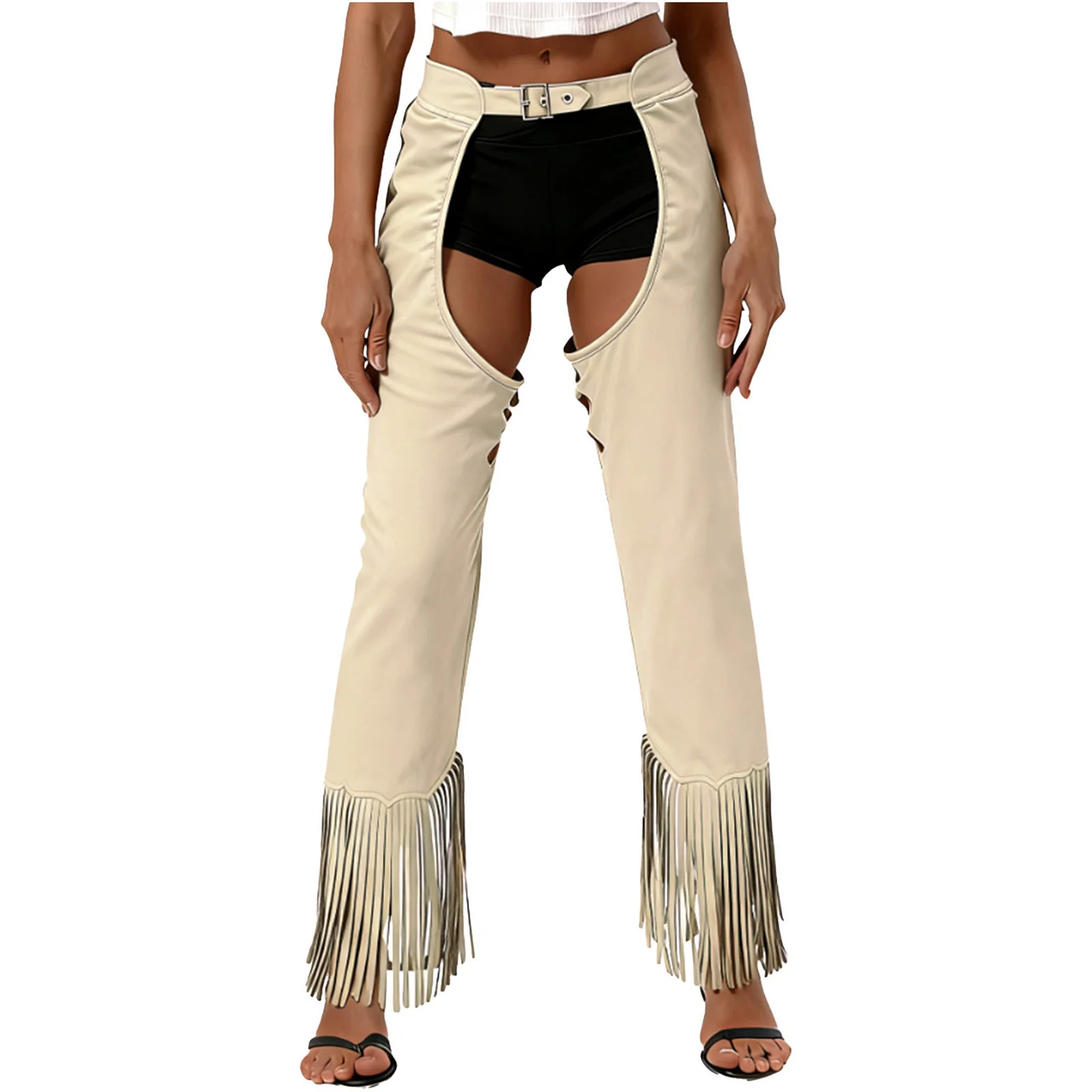 

Women Vintage Cowgirl Hippies Chaps Pants Fashion Open Crotch Split Fringe Suede Pants for Halloween Theme Party Cosplay Pants