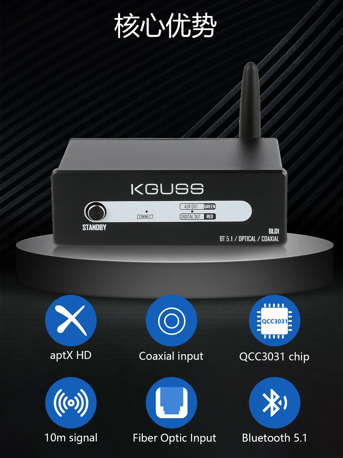 KGUSS BL01 بلوتوث 5.1 استقبال الصوت HIFI QCC3031 ضياع فك APTX HD الألياف محوري RCA الناتج DAC