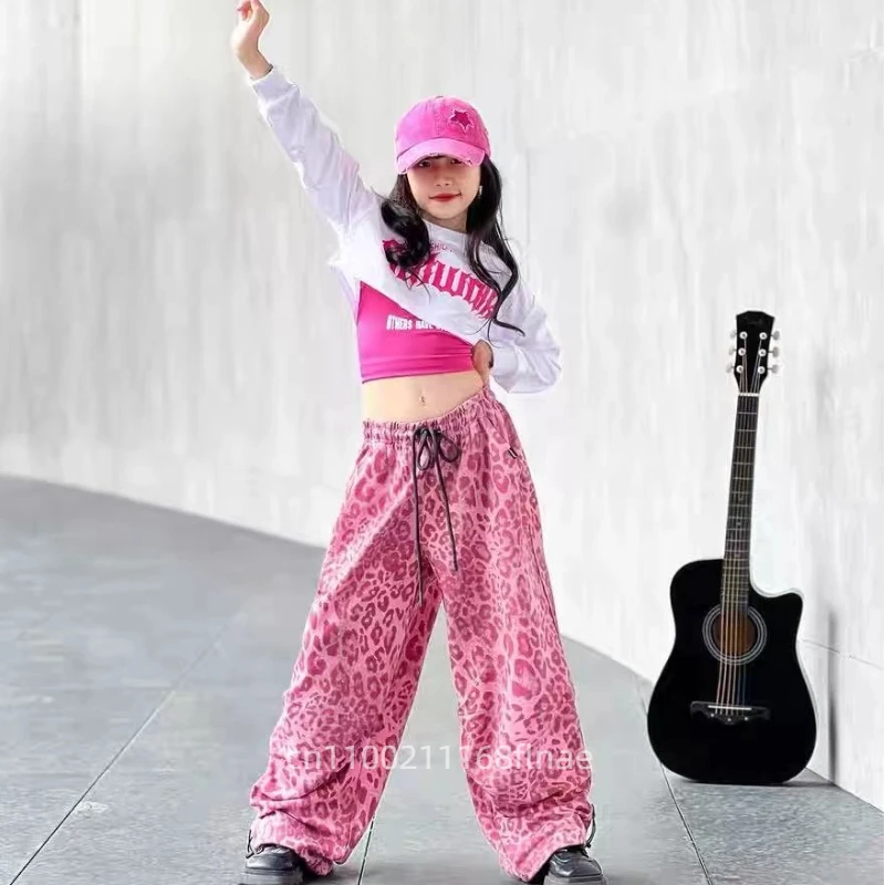 Street Dance-Kostüme für Kinder, Dopamin-Pulver-Weste für Mädchen, Hosen mit Leopardenmuster, Jazz-Dance-Performance-Kostüme-Sets