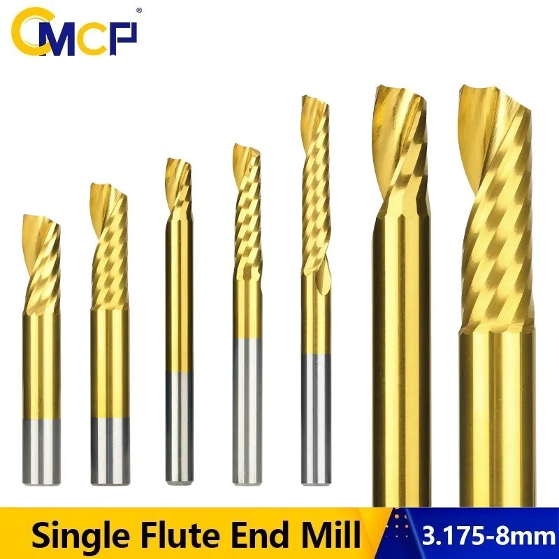 

CMCP One Flute End Mill TiCN Coated Spiral Router Bit Carbide Milling Cuttter for Woodworking 1/8 4 5 6 8mm Shank