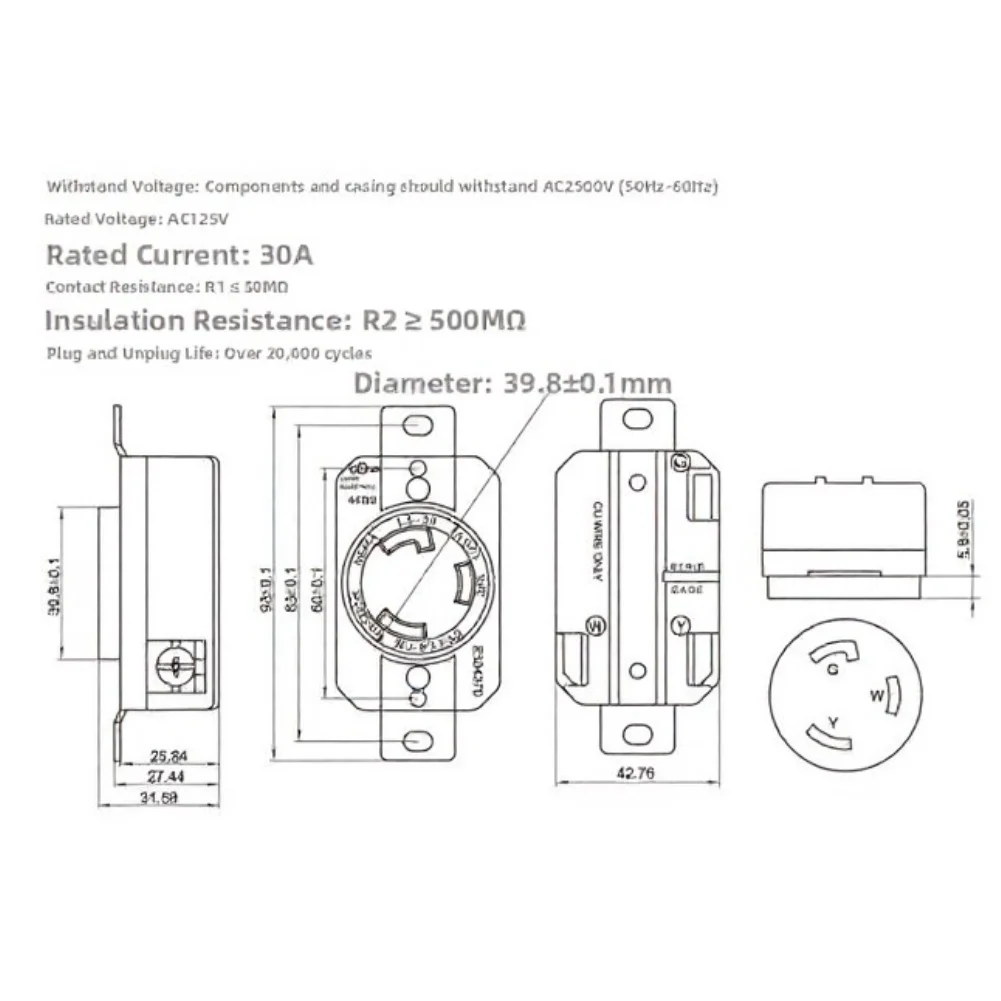 L5-30R Industrial Socket 30 Amp 125 Volt Three Hole Locking Receptacle for High for current Applications ABS Build