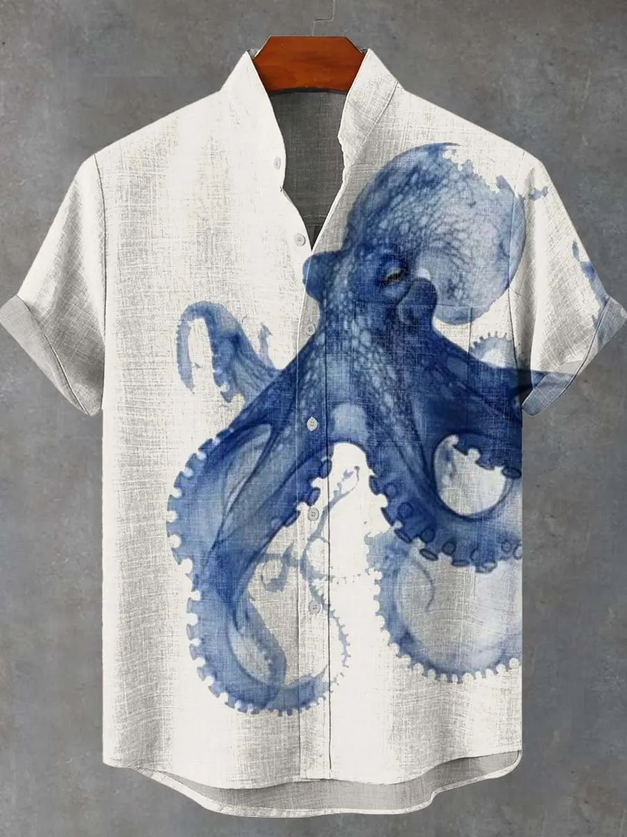 

2025 Summer New Arrival: Men's Short-Sleeve Stand-Collar Fashion Shirt with Ocean Octopus Print, Made of Linen