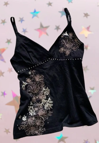 Y2K Sexy Hot Girl Kleidung Harajuku Schwarz Retro Print Strass Mini Hosenträger V-ausschnitt Camis Goth Mode Slim Fit Frauen Kleidung