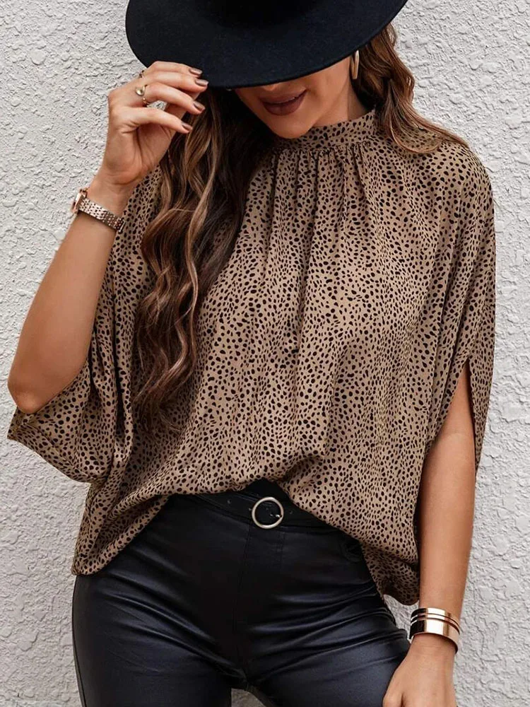 2023 Spring Casual Loose Women\'s Blouse Fashion Batwing Sleeve Print O-neck Shirts Top Summer Office Lady Blouses Elegant Tops