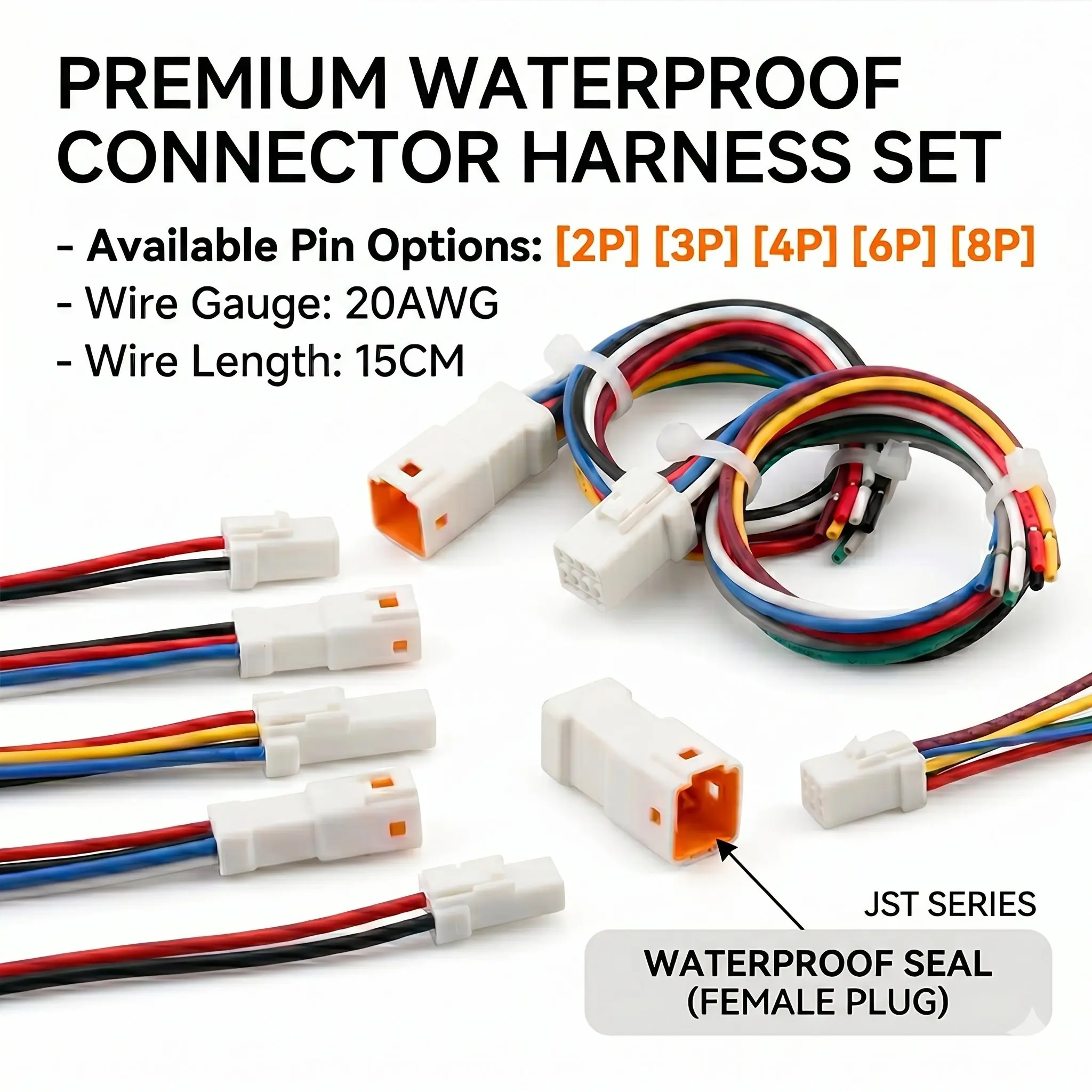 JST Connector Cable Assembly 20AWG 15CM Waterproof Wire Harness Male Female Plug 2-8Pin Quick Connect Auto Parts