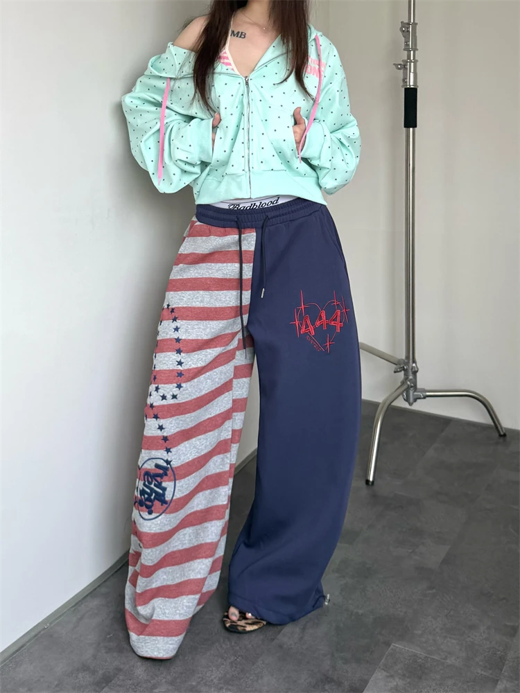Women's Contrast Striped Patchwork Sweatpants Y2k Street Casual Retro Unisex High Waist Trousers Bottoms Female Wide Leg Pants