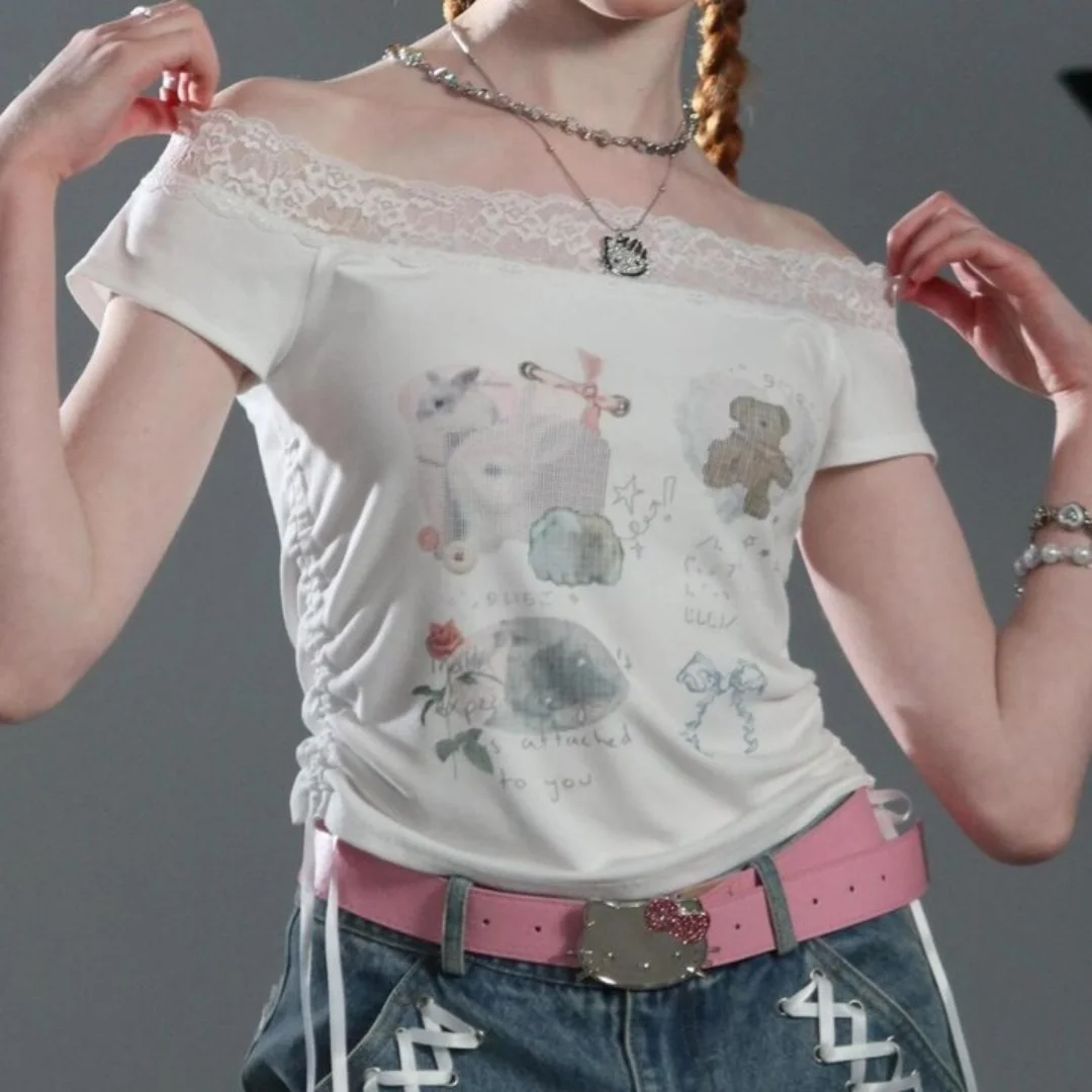 夏服女性の白落書きプリント Tシャツ原宿 Y2k Tシャツレトロ 90 年代美的半袖 Tシャツ 2000 年代