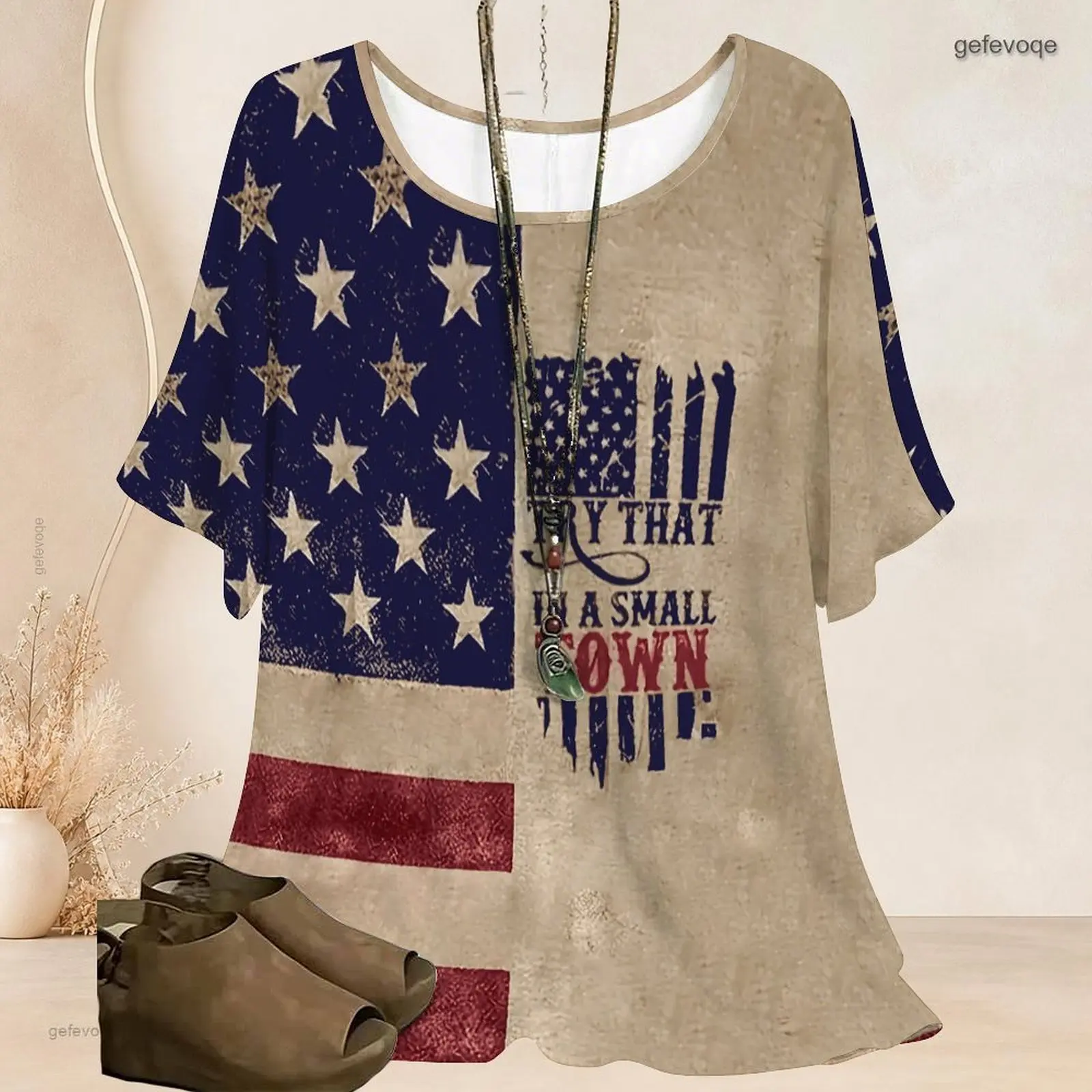 Women Round Neck Wide Batwing Short Sleeve Loose Top, Printed Distressed American Flag Try That In A Small Town Slogan