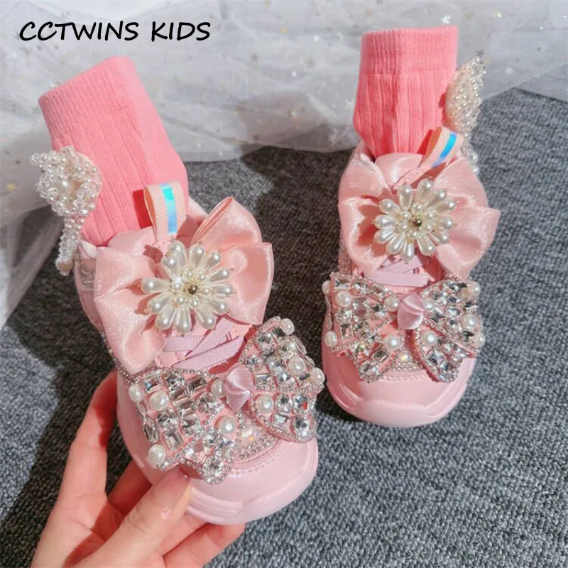 Girls Sneakers Spring Autumn Kids Fashion Running Sports Chunky Trainers Toddler Brand Handmade Princess Shoes Pearls Bow Flats