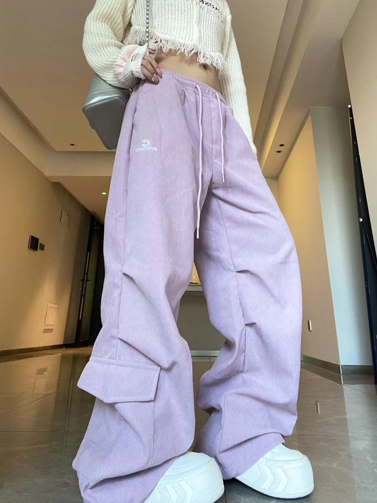 Pantaloni di velluto a coste con lettera vintage Pantaloni a gamba larga Hip Hop a vita alta da donna Pantaloni femminili larghi Harajuku autunnali retrò americani