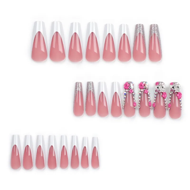 24 Teile/satz Y2K Gefälschte Nail art mit Hellokitty Strass Französisch Weiß Rand Design Tragbare Lange Fasle Nagel Tipps Maniküre Patch