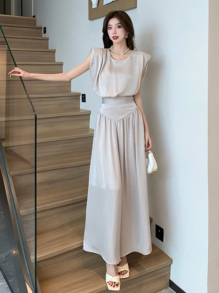 Elegant Lady Casual 2 Pieces Outfits Women Clothes Sleeveless Loose Tops Shirt Blouse And Wide Leg Loose Long Pants Trousers Set