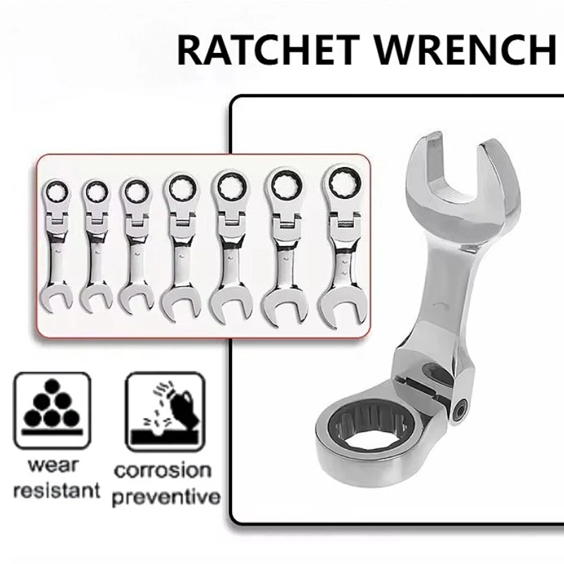 Flexible Pivoting Head Ratchet Combination Wrench Spanner Mini Short Handle Wrench Labor-saving Metric Hand Tool Ratchet Wrench