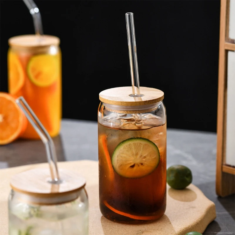 6Piece Set Drinking Glasses 16Oz Clear Iced Coffee Cup With 6 Bamboo Lids And 6 Glass Straws