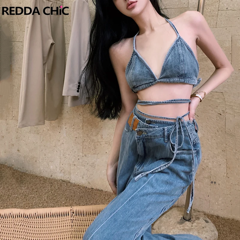 REDDACHiC Halter bandaż Top biustonosz Backless Denim dekolt Bikini lato Hotties Sexy Y2k kostiumy kąpielowe 2023 nowy w koreańskich kobiet ubrania