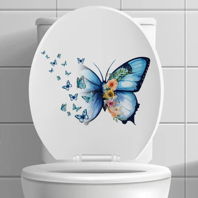 Beautiful Blue Butterfly Self-Adhesive Toilet Stickers Wall Decals for Bathroom Door Restroom Home Room Decor