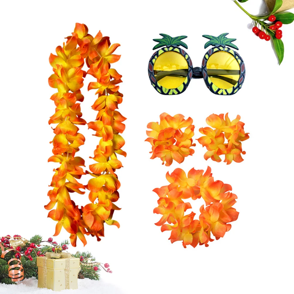 Gafas de piña hawaiana, disfraz divertido de fiesta, conjunto naranja, tocado de guirnalda hawaiana, pulsera, accesorios para fotos, 5 uds.