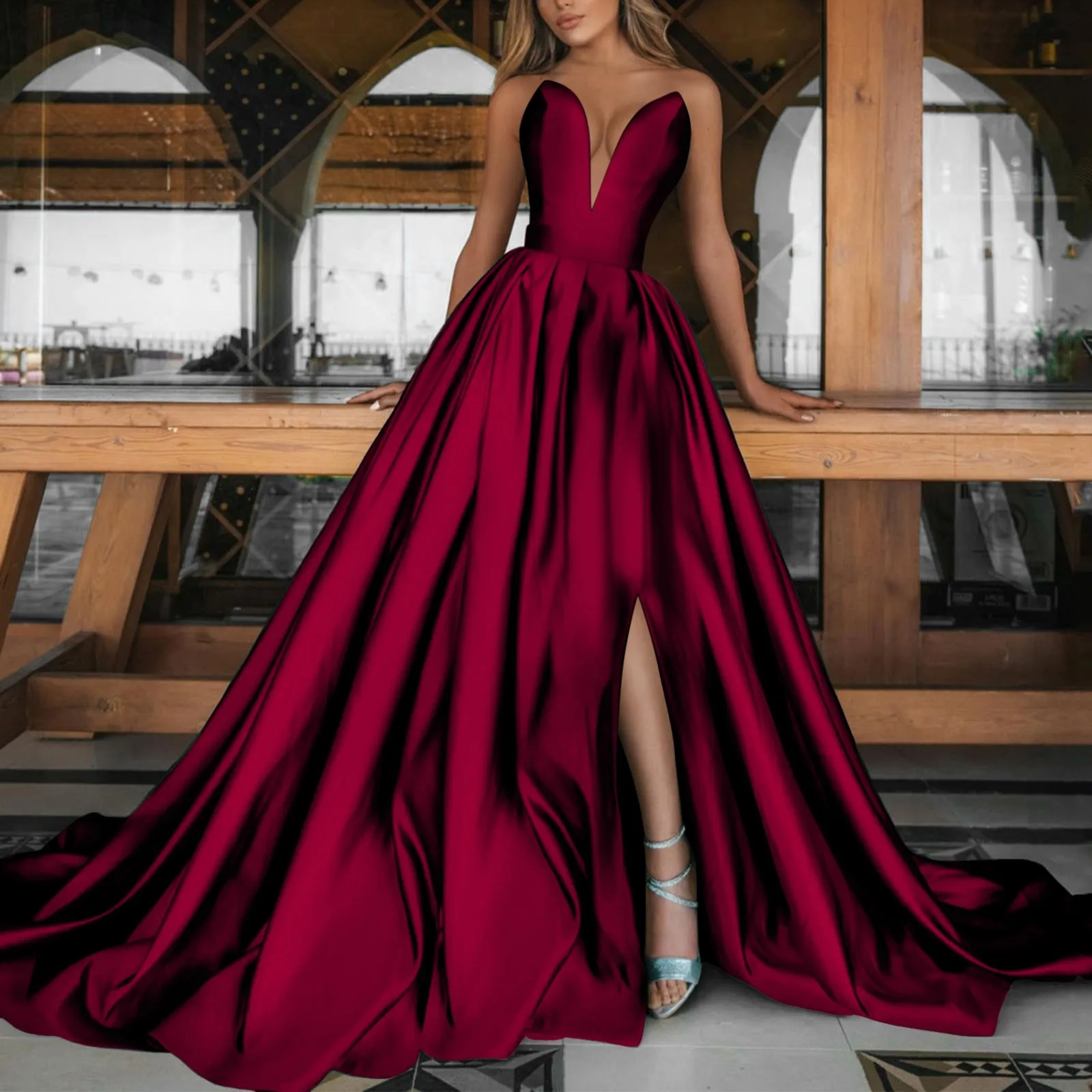 فستان نسائي رسمي فرنسي أنيق مثير بكتف واحد من الساتان الصلب للحفلات المسائية بطول الأرض فساتين طويلة لحفلات الزفاف