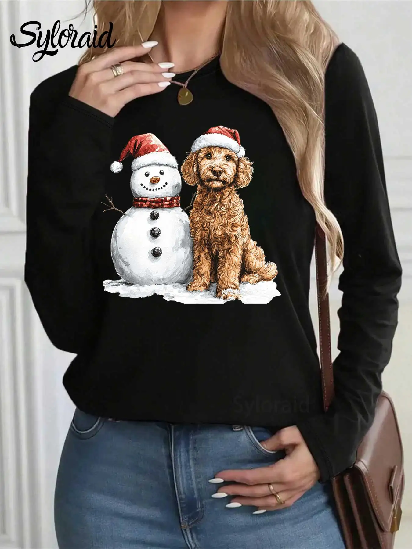 تي شيرت نسائي بأكمام طويلة تي شيرت كريسماس جولدندوودل ورجل الثلج جرافيك تي شيرت كاجوال برقبة دائرية #2