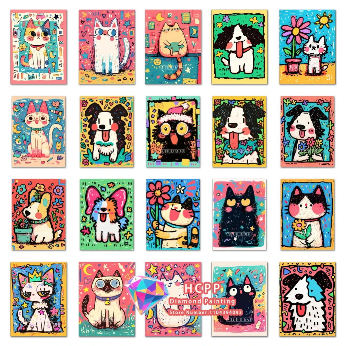 Cartoon-Tiere Diamant-Malerei-Sets DIY Katzen und Hunde Vollquadrat Runde Diamant-Mosaik-Stickerei Wanddekoration Einzigartiges Geschenk