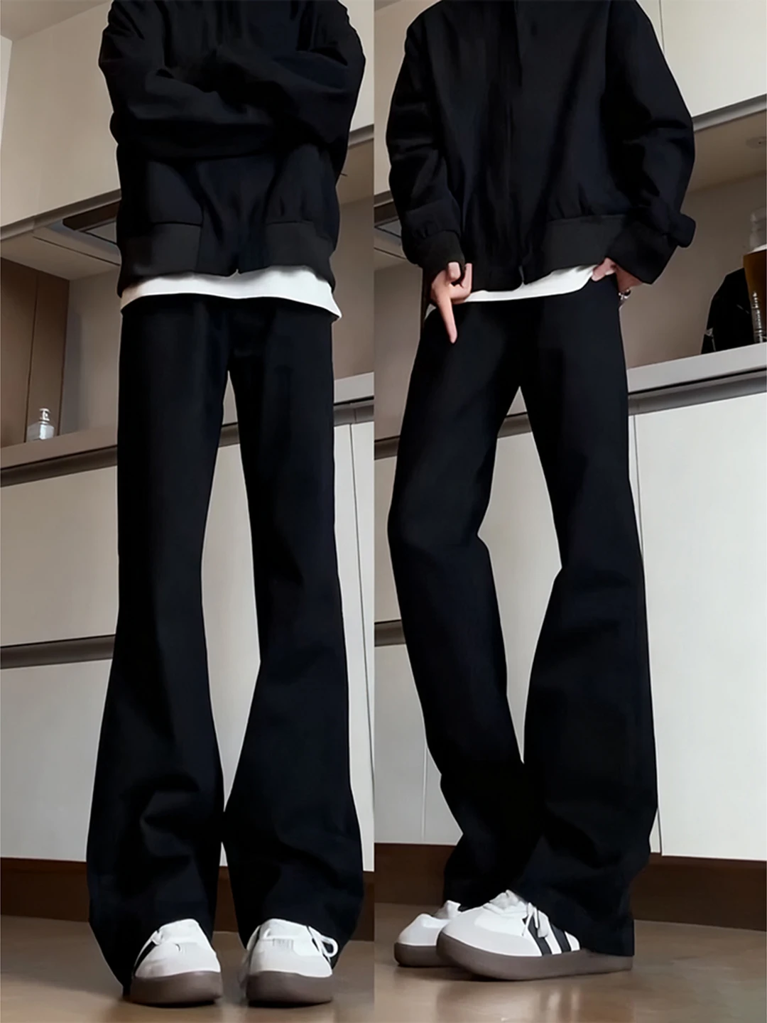 

Black Fleece Lined Flared Jeans Men's Winter High Waist Straight Leg Knife American High Street Vibe Trousers