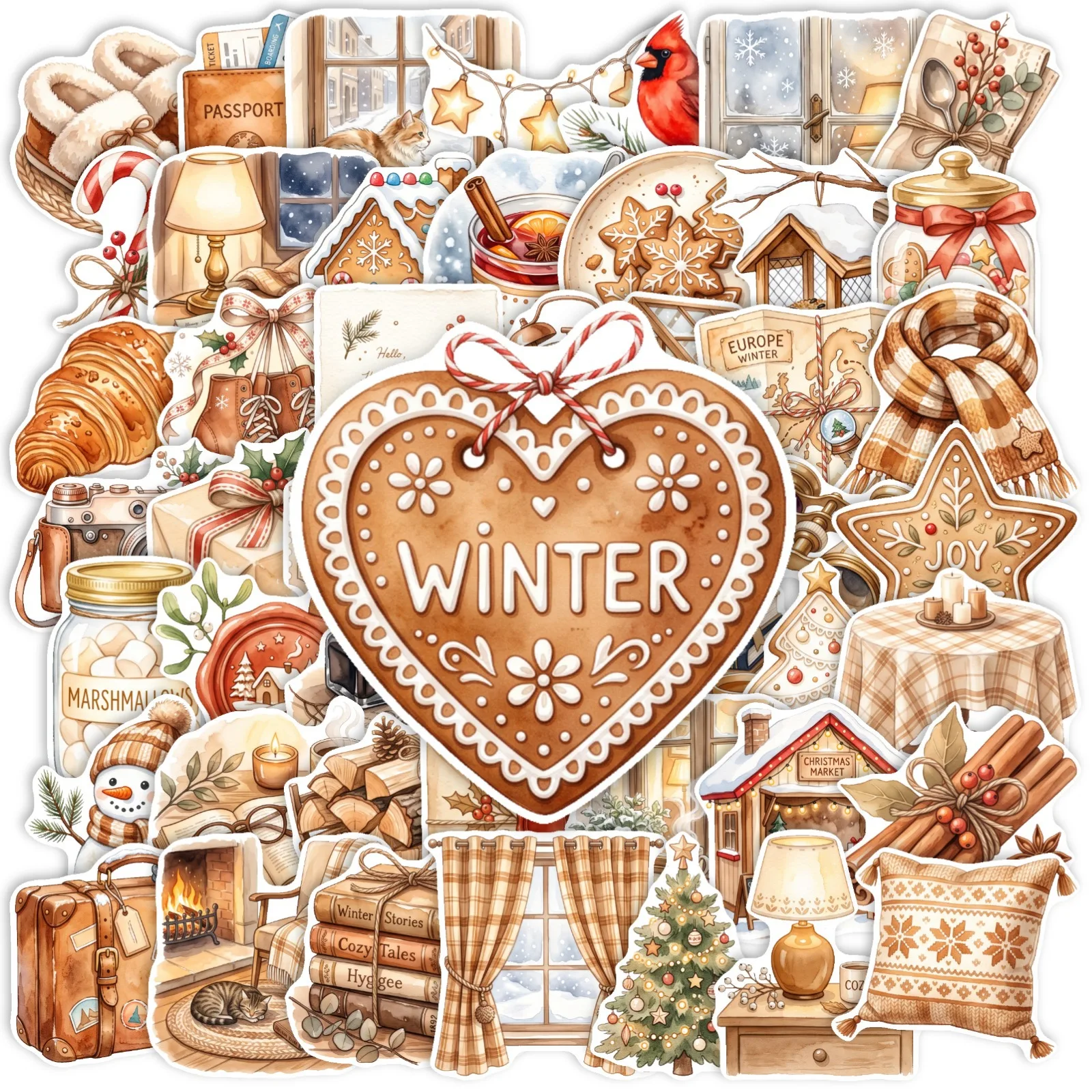 New 50-Piece Winter Home Decor Scrapbooking Stickers Set Vintage Cozy Handmade Design Material for Crafting