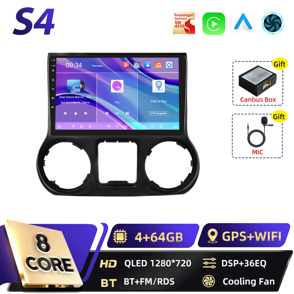 Podofo Qualcomm 8-core 2-DIN Android autoradio voor Jeep Wrangler 2011-2014 met DSP, Android Auto, BT, GPS, FM, WIFI, RDS en Carplay.