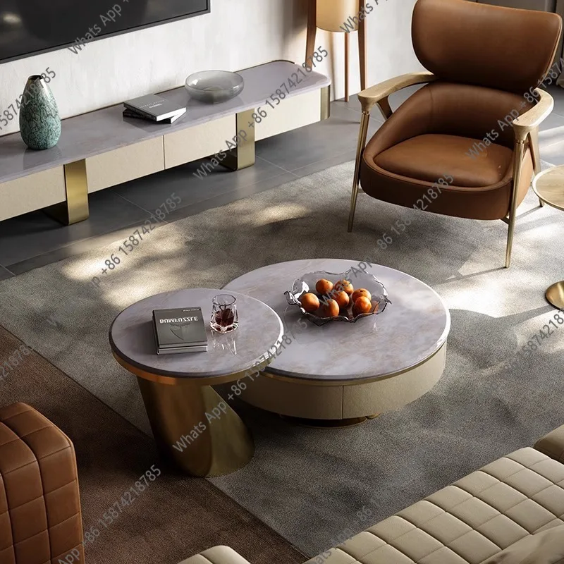 

Light luxury coffee table living room stainless steel round coffee table combination pure natural marble designer coffee table c