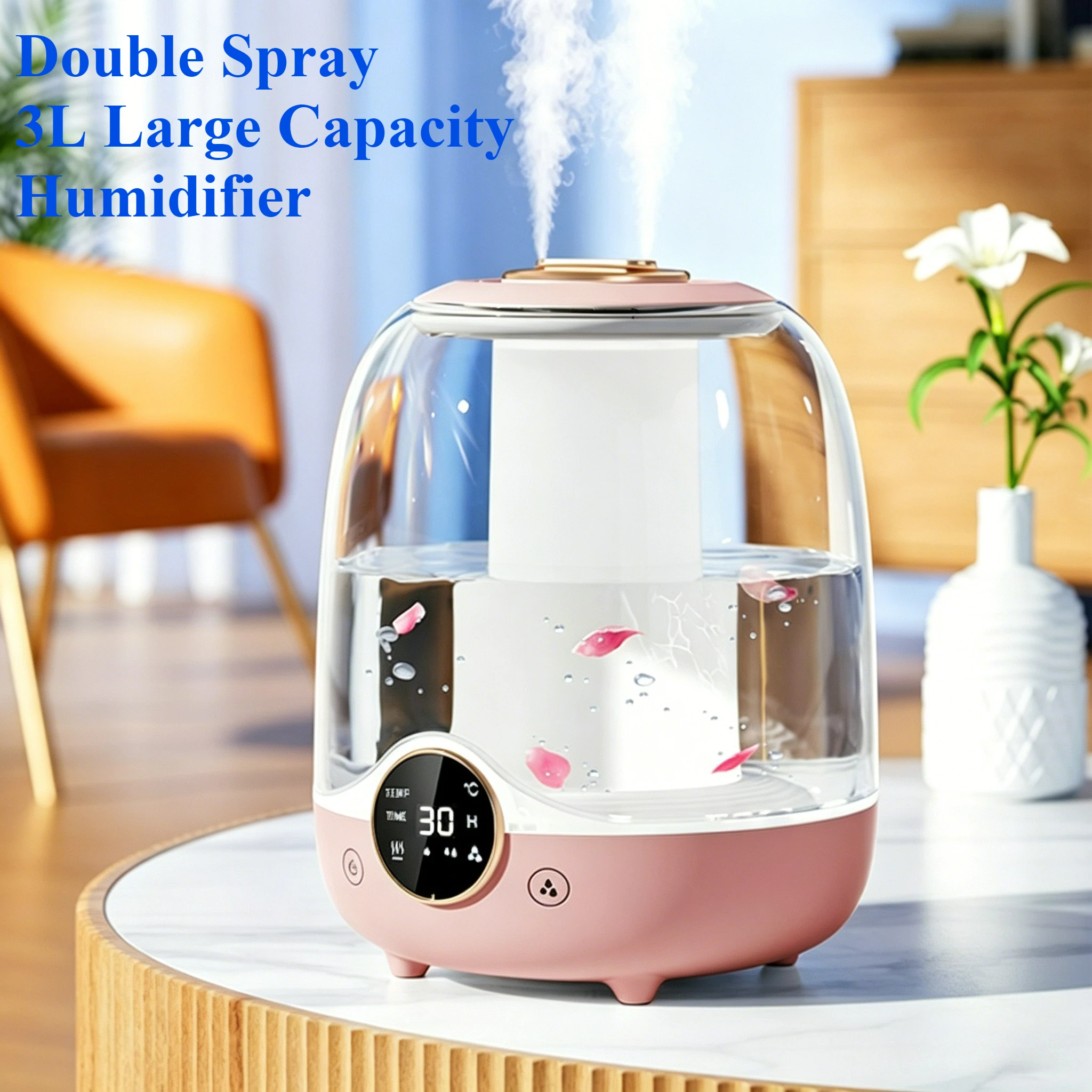 Double Spray 3L Large Capacity Humidifier with 7 Color Lights and Digital Display Screen for Silent Operation for Office Home
